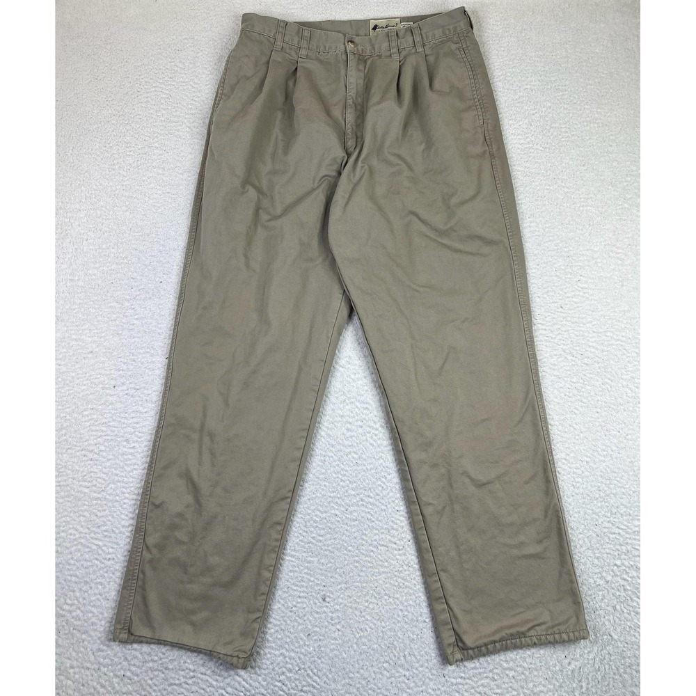 Eddie Bauer Pants Mens 36x32 (Fits 34x32) Beige Flannel Lined Pleated Chino Work